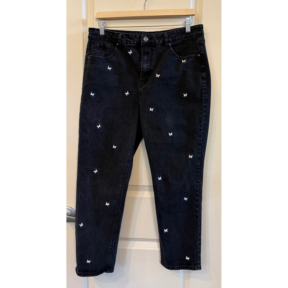 Angel Kiss Black High Waist Juniors Mom Jeans w/White Butterflies Size 13/31
